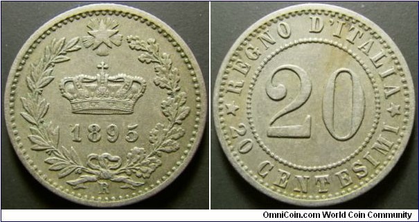 Italy 1895 20 centesimi. Nice condition. Weight: 3.99g. 