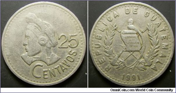 Guatemala 1991 25 centavos. Weight: 7.78g. 