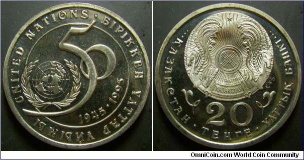 Kazakhstan 1995 20 tenge commemorating 50th anniversary of UN. Proof like condition. This seems to be struck different from regular coinage. Weight: 11.01g. 