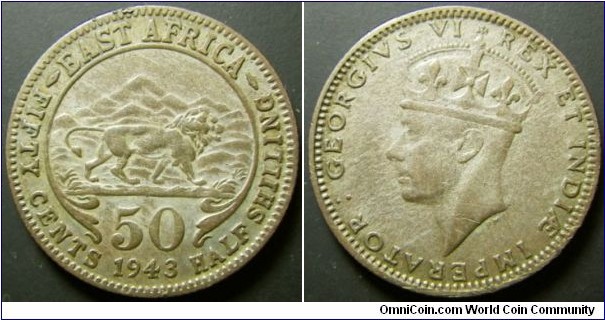 East Africa 1943 50 cents / half shilling. Weight: 3.85g. 