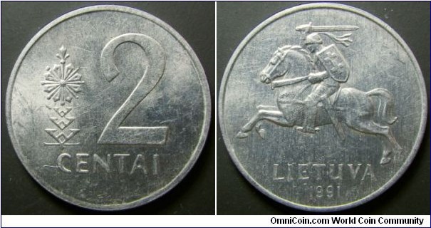 Lithuania 1991 2 cents. Weight: 1.12g. 