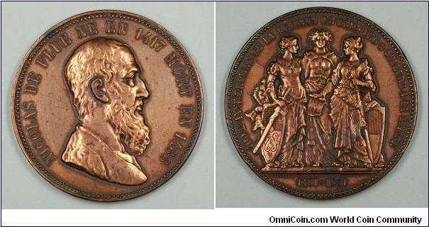 1881 Swiss Eidgenossenschaft Medal (Franch Text) for Nikolaus de Flue, 400 Years of Union Freiburg & Solothurn by E. Durussel. Bronze 47MM./49.5 gm
