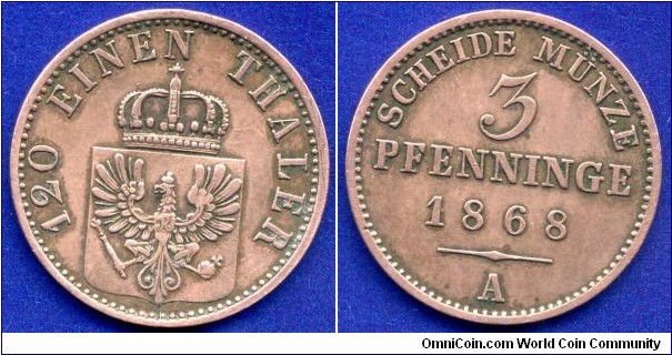 3 pfenninge.
Kingdom of Prussia.
Wilhelm I (1861-1888).
*A* - Berlin mint.


Cu.