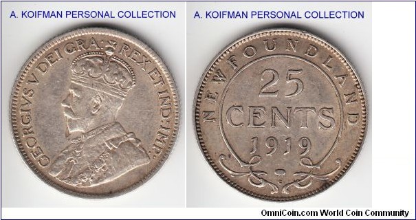 KM-17, 1919 Newfoundland 25 cents, Royal Canadian mint (C mint mark); silver, reeded edge; almost extra fine