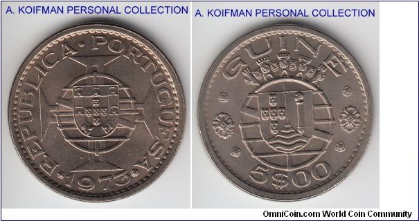 KM-15, 1973 Portuguese Guinea 5 escudo; copper-nickel, reeded edge; nice brillian uncirculated.