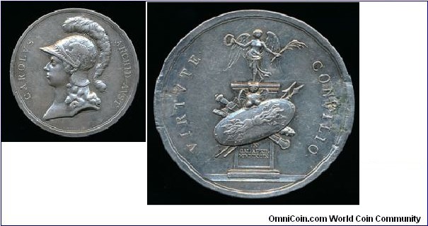 1799 Roman German Empire Habsburg Franz II, on the victory over French at Stockach - Pfullendorf  Medal by Peter Baldenbach. Silver: 48MM./26 gms.
Obv: Bust of Archduke Charles (Eezherzog Karl) in helmet to right. Legend CAROLVS ARCHID AVST. Rev: Victoria on pedstal. With Randgra of vur, 1825. Legend VIRTVTE CONSILIO
