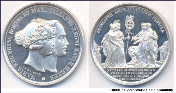 German Bayern, Ludwig I 1825-1848 the Merriage of His eldest son Maximiliam with Mary Princess of Prussia Medal by King Loos. Silver: 42.6MM.
Obv: Conjuncted bust of Maximilian II Joseph & Maria of Purssia to right. Legend Rev: Borussia and Brvaria with the bride and groom. Legend PRINCIFVM.AMOR.POPVLORVM.FIDVCIA. Exerque NVPTIAE AVGVSTISSIMORVM PRINCIPVM CELEBRATE BEROLINI D.V. OCTOBR MDCCCXXXIL.
