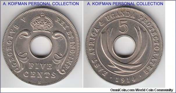 KM-11, 1914 East Africa 5 cents, King's Norton Mint (K mint mark); copper-nickel, plain edge; uncirculated or about, pleasant looking.