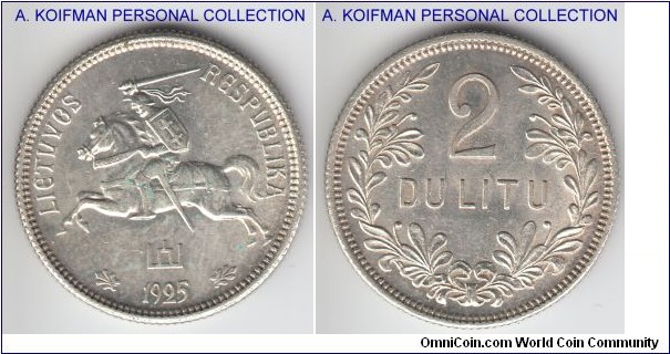 KM-77, 1925 Lithuania 2 litu; silver, reeded edge; nice uncirculated, lustrous specimen
