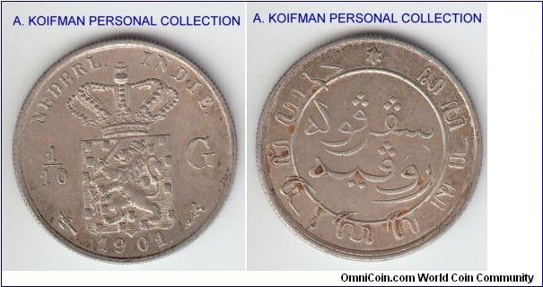 KM-304, 1901 Netherlands East Indies 1/10 gulden, Utrecht mint; silver, reeded edge; a bit dirty but nevertheless uncirculated