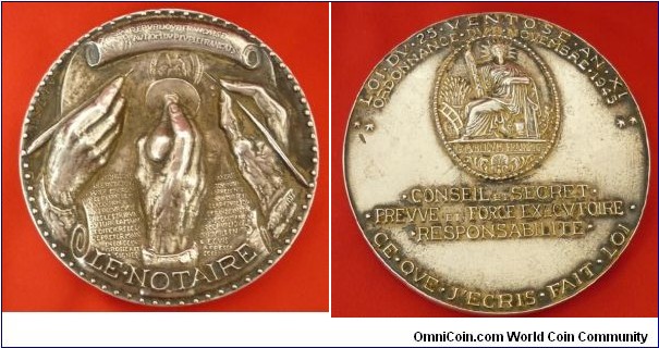1945 Francce Le Notarie Medal by Albert De Jaeger. Silver plated Bronze: 105MM./510 gms.
