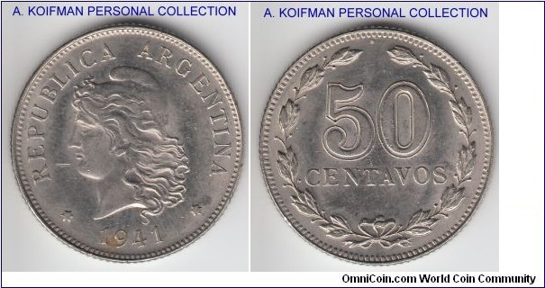 KM-39, 1941 Argentina 50 centavos; nickel, reeded edge; looks like a poorly strucjk and dirty average uncirculated, toning in places