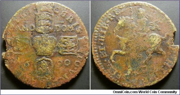 Ireland 1690 crown overstruck over older half crown. Classified under gun money but it's most likely struck with brass melted down from church bell. Bitten off edge. Weight: 15.55g. 