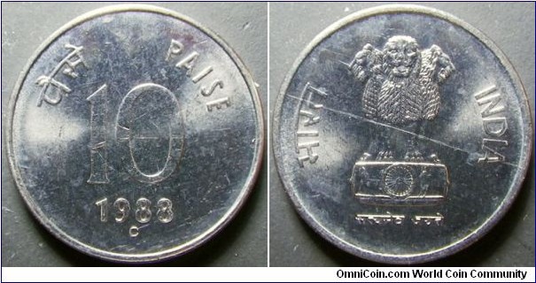 India 1988 10 paise. Mintmark C. Weight: 2.04g. 