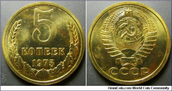 Russia 1975 5 kopek. Looks like it was pulled out from a mint set. 