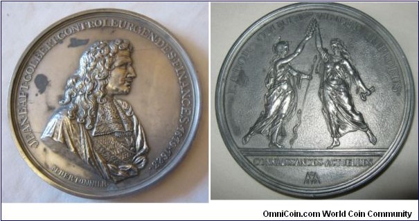 1800 o j France Jean-Baptiste Colbert Medal by M. Bertonnier. Tin: 81MM./175gms.
Obv: Bust to right. Legend JEAN. BAFT.COLBERT.CONTROLEURGEN.DES.FINANCES. 1679.1683.Signed M. BERTONNIER. Rev:  Legend LABOR OMNIA VINCIT IMPROBUS (Hard work conquers all)
