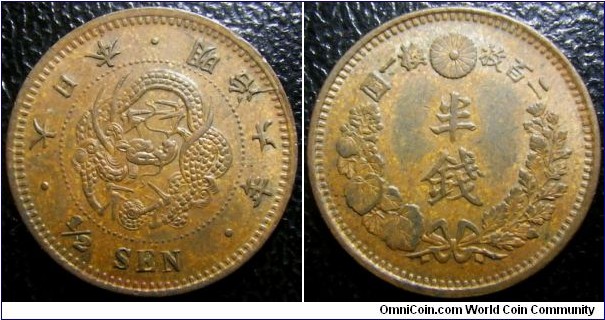 Japan 1873 half sen. In very good condition. A semi key date. 