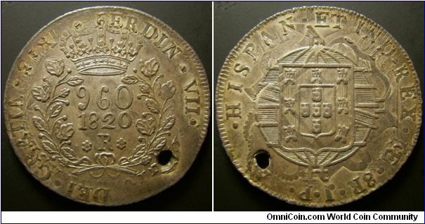 Brazil 1820 960 reis overstruck over Lima 1813 8 reales. Nice condition, strong details of overstrike with some toning except the hole. Weight: 26.70g. 