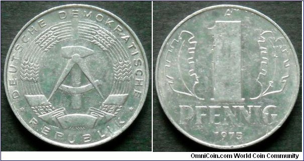 German Democratic Republic (East Germany) 1 pfennig 1975, Al-mg. Weight; 0,75g. Diameter; 17mm.
Mint; Staatliche Munze Berlin (A)
Mintage: 202.752.000 pieces.