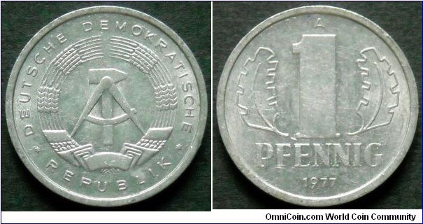 German Democratic Republic (East Germany) 1 pfennig 1977, Al-mg. Weight; 0,75g.
Diameter; 17mm.
Mint; Staatliche Munze Berlin (A)
Mintage: 61.560.000 pieces.