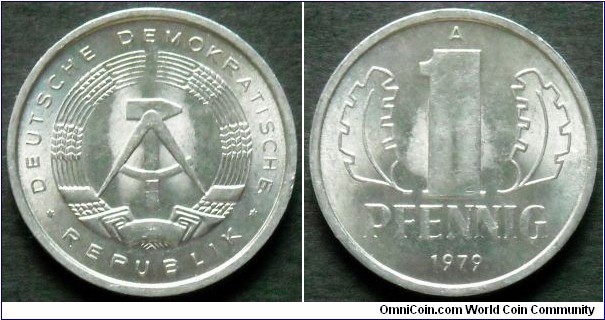 German Democratic Republic (East Germany) 1 pfennig 1979, Al-mg.
Weight; 0,75g.
Diameter; 17mm.
Mint; Staatliche Munze Berlin (A)
Mintage: 100.640.000 pieces.