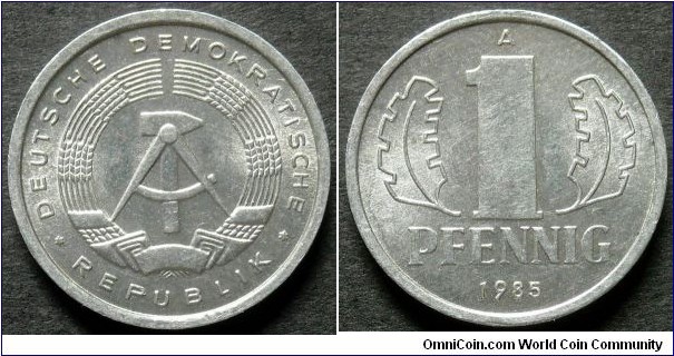 German Democratic Republic (East Germany) 1 pfennig 1985, Al-mg.
Weight; 0,75g.
Diameter; 17mm.
Mint; Staatliche Munze Berlin (A)
Mintage: 125.060.000 pieces.