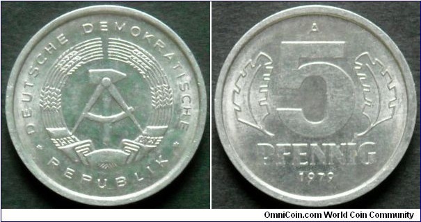 German Democratic Republic (East Germany) 5 pfennig
1979, Al-mg.
Weight 1,1g.
Diameter; 19mm.
Mint; Staatliche Münze Berlin (A)
Mintage: 46.194.000 pieces.