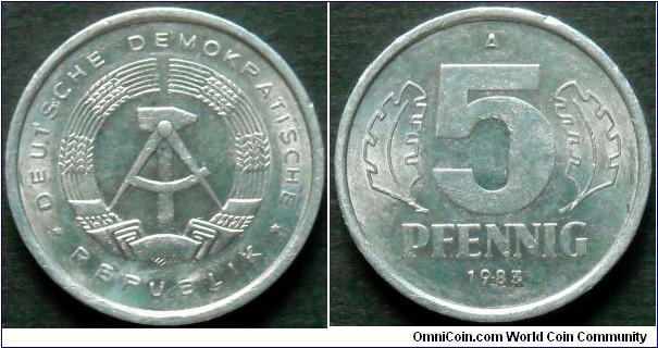 German Democratic Republic (East Germany) 5 pfennig 1983, Al-mg.
Weight; 1,1g.
Diameter; 19mm.
Mint; Staatliche Münze Berlin (A)
Mintage: 100.890.000 pieces.