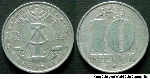 German Democratic Republic (East Germany) 10 pfennig 1967, Al-mg.
Weight; 1,5g.
Diameter; 21mm.
Mint; Staatliche Münze Berlin (A)
Mintage: 96.994.702 pieces.