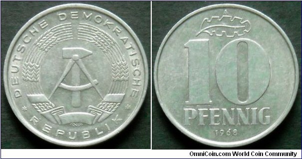 German Democratic Republic (East Germany) 10 pfennig 1968, Al-mg.
Weight; 1,5g.
Diameter; 21mm.
Mint; Staatliche Münze Berlin (A)
Mintage: 207.460.678 pieces.