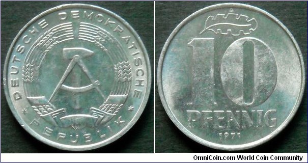 German Democratic Republic (East Germany) 10 pfennig 1971, Al-mg.
Weight; 1,5g.
Diameter; 21mm.
Mint; Staatliche Münze Berlin (A)
Mintage: 66.618.228 pieces.