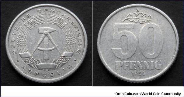 German Democratic Republic (East Germany) 50 pfennig 1958, Al-mg.
Weight; 2g.
Diameter; 23mm.
Mint; Staatliche Münze Berlin (A)
Mintage: 101.605.933 pieces.