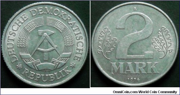 German Democratic Republic (East Germany) 2 mark 1974, Al-mg.
Weight; 3g.
Diameter; 27mm.
Mint; Staatliche Münze Berlin (A)
Mintage: 5.789.928 pieces.
