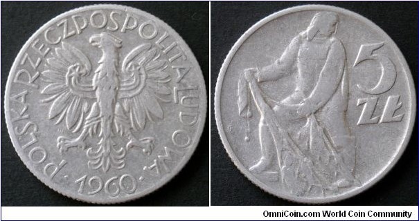 Poland 5 złotych.
1960, Al.
Weight; 3,45g.
Diameter; 29mm.
Mintage: 16.300.881 pieces.