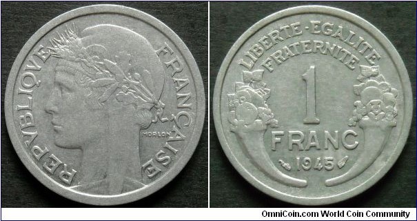 France 1 franc.
1945, Al.
Weight; 1,3g.
Diameter; 23mm.
Design; Pierre-Alexandre Morlon.
Mint; La Monnaie de Paris.
Mintage: 61.780.000 pieces.