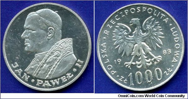 1000 Zlotych.
Poland Peoples Republic.
Ioan Paul II.
Mintage 10,000 (Proof).


Ag650f. 14,5gr.