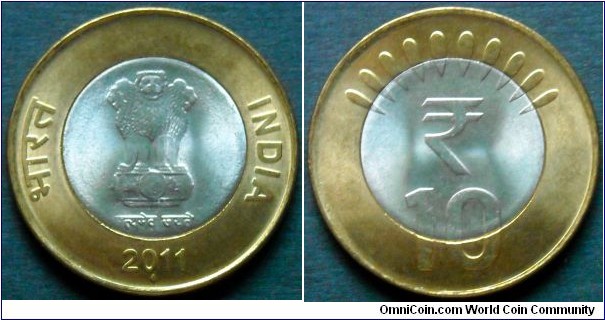 India 10 rupees.
2011, Bombay Mint.
Bimetal.