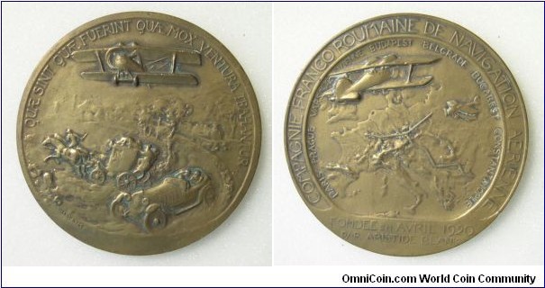 1920 France Compagnie Franco Roumaine de Navigation Aerienne Medal by Henri Nocq. Bronze: 72MM./154 gms.
Obv: Europe physically, drawn in the aviation line Paris-Prague-Warsaw and Prague-Vienna-Budapest, hovering about 2 biplane. Legend COMPAGNIE FRANCO ROUMAINE DE NAVIGATION AERIENNE. Exergue: fondee en avril 1920/par aristide blank. Rev: Landscape with horse-drawn carriage, railway, automobile and airplain. Legend QUAE SINT QUAE FUERINT QUAE MOX VENTURA TRAHANTUR. 
