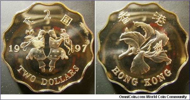 Hong Kong 1997 2 dollar proof. Some tarnish. 