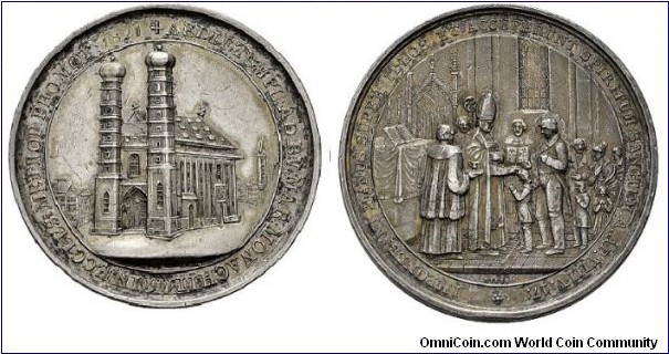 1821 o j Germany Munich Medal by J.J.Neuss (1770-1848 in Augsburg). Silver 43MM./40.09 gms.
Obv: ECCLES IN METROP PROMOT 1821 (ground of the Archdiocese of Munich) View of Fauenkirche. Rev: Confirmation scene. 
