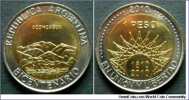 Argentina 1 peso.
2010, 200th Anniversary of Argentina - Aconcagua.
Bimetal.