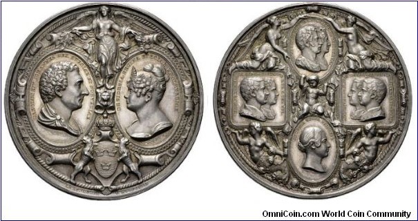 1842 Sweden Oscar I 1844-1859 To the Royal Family BERNADOTTE Medal by Ludwig Persson Lundgren. Silver: 56MM./73.99 gms.
Obv: Medallions of Karl XIV (born Bernadotto, General Napoleon) and his wife Desiree. Rev: Medallions with his only son Oscar with wife Josephine of Leuchtenberg., including the medallions of his grandchildren, Karl XVFrans Gustaf Oscar//Oscar (II) and Nikolaus August//u.Charlotte Eugenia.
