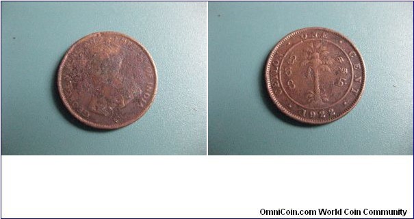 British Ceylon (SriLanka) 1 Cent bronz Circulated Genuine Coin.George V King and emperor of India Head. Rare  