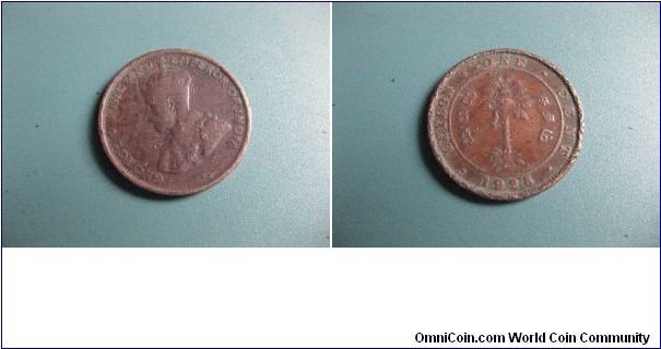 British Ceylon (SriLanka) 1 Cent bronz Circulated Genuine Coin.George V King and emperor of India Head. Rare 