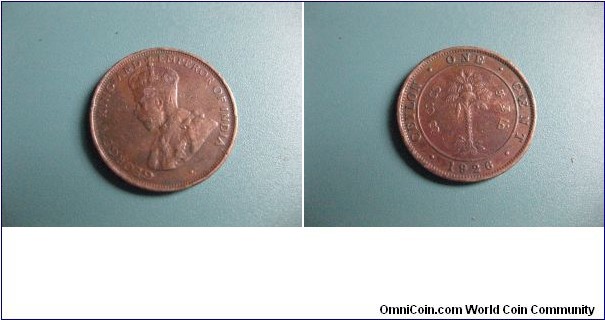 British Ceylon (SriLanka) 1 Cent bronz Circulated Genuine Coin.George V King and emperor of India Head. Rare 