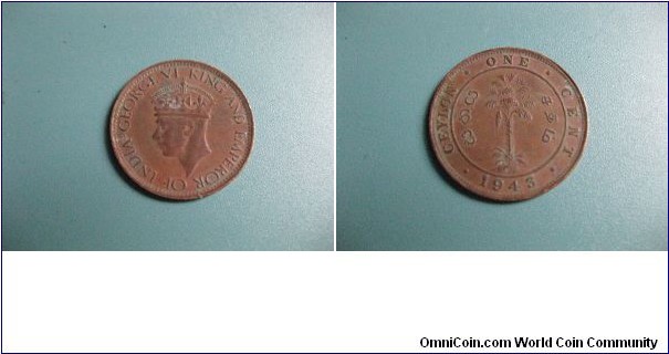 British Ceylon (SriLanka) 1 Cent bronz Circulated Genuine Coin.George VI King and emperor of India Head. Rare 