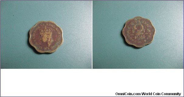 British Ceylon(Sri Lanka) 2 cents circulated.Brass George VI King and emporer of India.  Very Rare