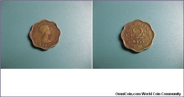 British Ceylon(Sri Lanka) 2 cents circulated.Brass Queen Elizabeth the Second.  Very Rare