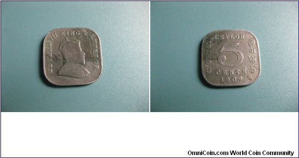 5 Cents circulated British Ceylon (Sri Lanka) Nickel Bronz Edward VII King and Emporer very rare coin. 
