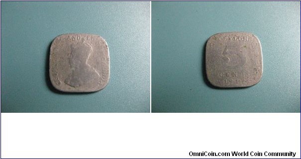 5 Cents circulated British Ceylon (Sri Lanka) Nickel Bronz George V King and Emporer of India very rare coin. 